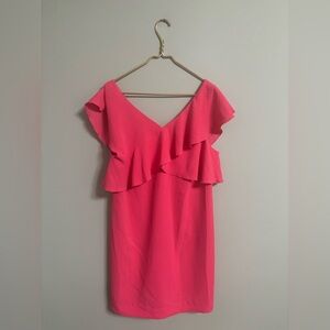 Trina Turk Dress Size 14 Pink Crepe Sheath Ruffle Neck Sleeveless V-Neck New